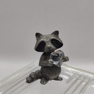 1983 Vintage Miniature SPOONTIQUES Pewter Raccoon Figurine with Rhinestone 1.5"